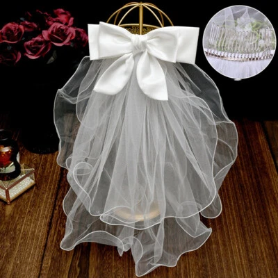1x Bridal Wedding Veil Satin Bow with Comb or Bobby Pin Marriage Festival Party - Image 1 of 4