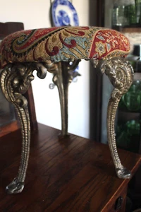 Antique Victorian Round Stool w Three Ornate Heavy Black Cast Iron Tripod Legs - Picture 1 of 15