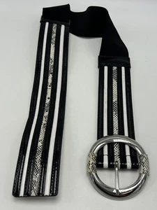 Womens Wide Belt XS Black White Stretch Back Leather Hooks 26"-29" Snake Print - Picture 1 of 10