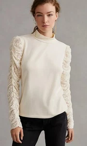 Anthropologie Maeve Ivory Long Sleeve Ruched Lace Blouse Romantic Victorian Sz M - Picture 1 of 7