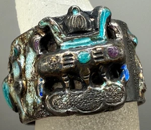 ANTIQUE CHINESE OR JAPANESE EXPORT SILVER ENAMEL RING BAND SIGNED UNISEX ASIAN - Picture 1 of 16