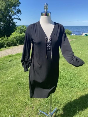 MICHAEL KORS черный вязаное платье с серебряной цепочкой шнурует вверх лиф размер маленький EUC - Изображение 1 из 4