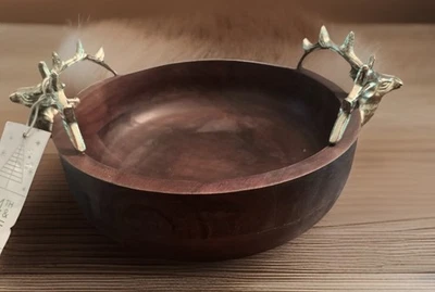 NWT 34th&Pine 10in Round Wood Serving Tray Bowl Silver Deer Stag Antler Handles - Image 1 of 4