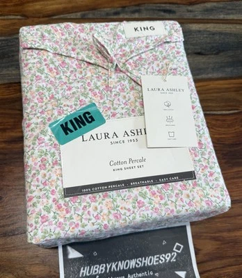 LAURA ASHLEY Emogene Pink Multi Floral KING SHEET SET 4P NEW COTTON PERCALE - Image 1 of 4