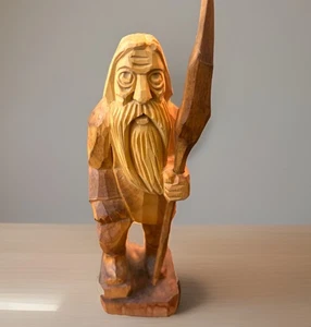 Hand Carved Wood Rübezahl Mountain Spirit Old Man w Walking Stick 10.75” VTG - Picture 1 of 7