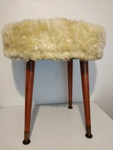 Vintage, Retro, Late 60's Mod Fluffy Faux Fur Dressing Table Stool Dansette Legs - Picture 1 of 23