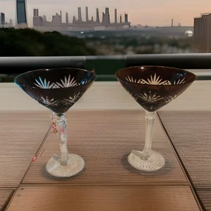 2 Vintage Dark Red Cut To Clear Crystal Martini Glasses, VGC, 6.75”Hx4.25”W - Picture 1 of 4