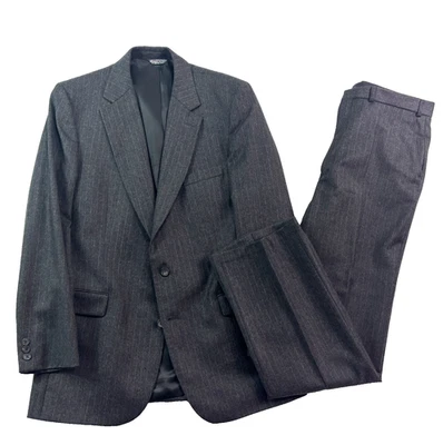 VTG 90s 100% Flannel Wool 42L 36x32 2pc Suit Charcoal Pinstripe Flat Front Mens - Image 1 of 4