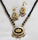 Hand-Crafted Black  Gold Lakh Pendant Necklace  Earrings Moghul Flower Motif