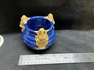 3 Frogs Ceramic art pottery Planter Bowl Round Blue Glazed Succulent - Picture 1 of 5