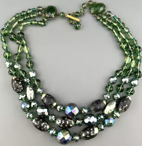 Vintage West Germany Necklace Green AB Austrian Crystal Bead 3 Strand 15" READ - Picture 1 of 20