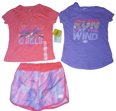SKECHERS девочек 3 изделия шорты (1) и футболки (2) комплект коралловый розовый/фиолетовый 4/4T новый с Ярлыками - Изображение 1 из 4