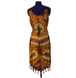 Brown Colorful Tie Dye Dress Size Medium Rainbow Hippie Boho 100% Handmade - Picture 1 of 11