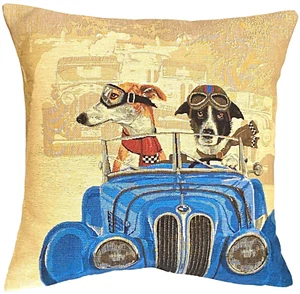  ANTHROPOMORPHIC BLUE CAR DOG RACERS 18" BELGIAN TAPESTRY CUSHION COVER ZIP 5154 - Picture 1 of 6