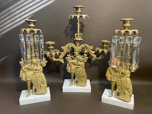 Antique 3 Victorian Girandole Brass Metal Hanging Prisms Candle Stick Holders - Picture 1 of 8