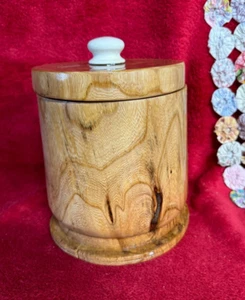 Handcrafted Wood Urn with White Porcelain Knob on Lid Unique Wood Grain Designs - Picture 1 of 11