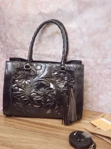 Patricia Nash Leather Primrose Satchel Handbag - Black Tooled Cut Out - Picture 1 of 7