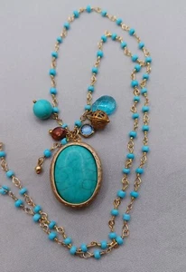Turquoise Pendant Necklace Gold Tone Satellite Chain Dangling Gemstones 24" - Picture 1 of 5