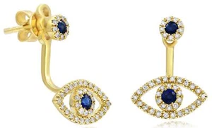 .40CT DIAMOND & AAA SAPPHIRE 14K YELLOW GOLD LUCKY EVIL EYE FUN HANGING EARRINGS - Picture 1 of 1