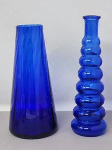 Vintage Cobalt Blue Glass Vase Set Decorative Ribbed & Cone Shapes Home Décor - Picture 1 of 9