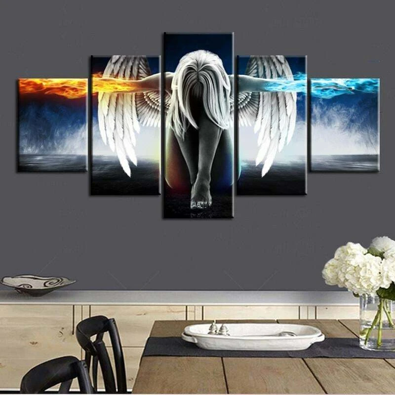 Multi Panel Print Angel Fire And Ice Canvas 5 Piece Wall Art Heaven Wings Woman - Image 1 of 4