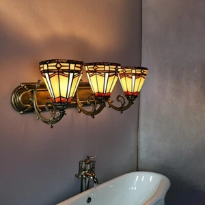 Antique Brass Wall Mount Light TIffany 3 Heads Mirror Front Wall Sconce - Picture 1 of 7