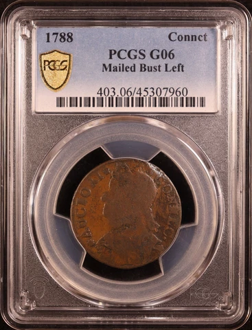 1788 Connecticut Colonial Copper Coin 'Mailed Bust Left' - PCGS G6 - Scarce! Cover