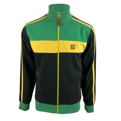 MENS TROJAN PANEL STRIPE RETRO ZIP UP TOP /  BLACK TRACK TOP 1012 - JAMAICA - Image 1 of 2
