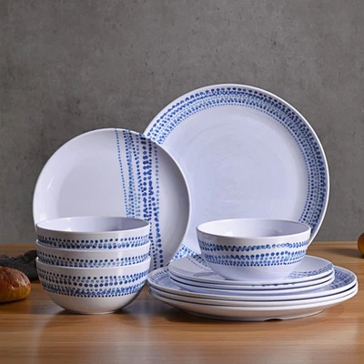 Melamine Dinnerware Sets, 12Pcs Plates and Bowls Sets Dinnerware Sets for 4, ... - Image 1 of 4