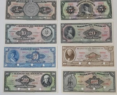 1 - 1,000 比索 1959 - 77 墨西哥德银行墨西哥 8 个标本钞票套装,未开封 — 第 1/3 张图片