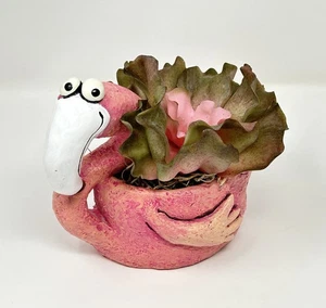6" Potted Lg FLAMINGO Blob House pot with Artificial Pink Curly Echeveria Cabbag - Picture 1 of 7