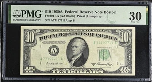 1950A $10 BOSTON Federal Reserve Note FRN #2011-A PMG 30 (AA BLOCK) 2 Pair 77's - Picture 1 of 2
