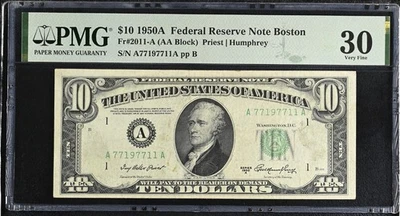 1950A $10 BOSTON Federal Reserve Note FRN #2011-A PMG 30 (AA BLOCK) 2 Pair 77's - Image 1 of 2