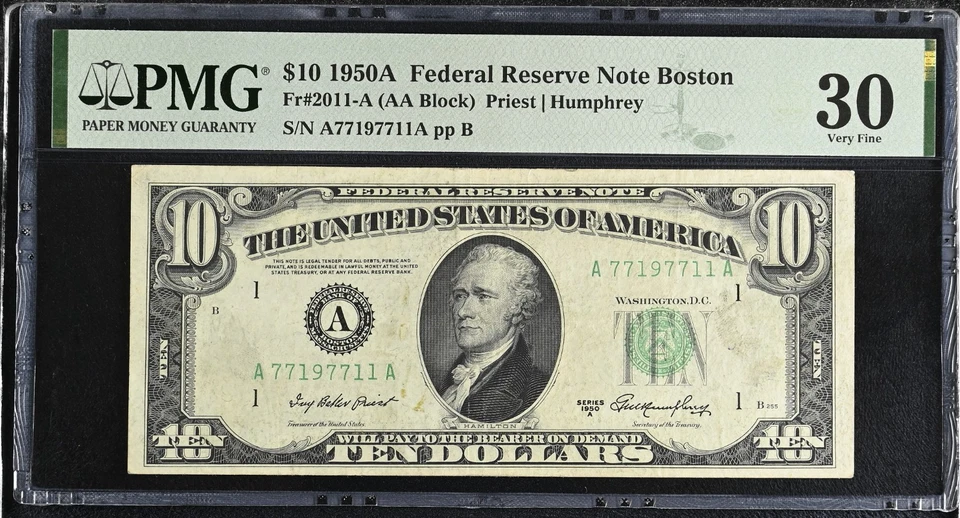 1950A $10 BOSTON Federal Reserve Note FRN #2011-A PMG 30 (AA BLOCK) 2 Pair 77's - Image 1 of 2