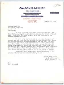 Membrete de tabaco AJ Golden Cigars York Pennsylvania 1950 8,5" x 11" - Imagen 1 de 2