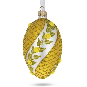 Yellow Flowers Glass Egg Christmas Ornament 4 Inches - Picture 1 of 4
