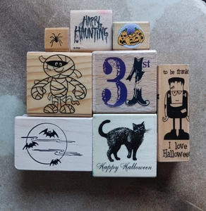 Lotto di 8 timbri in gomma montati su legno Halloween mummia, pipistrelli, mostro Frankenstein - Foto 1 di 4