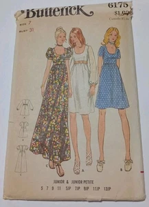 Butterick 6175 Sewing Pattern  Junior's Empire Waist Dress Sz 7 31" Bust 70s UC - Picture 1 of 6