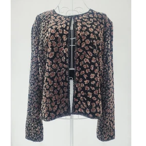 Papell Boutique Evening Black Floral Velvet Sequin Jacket Women’s Size L - Picture 1 of 11