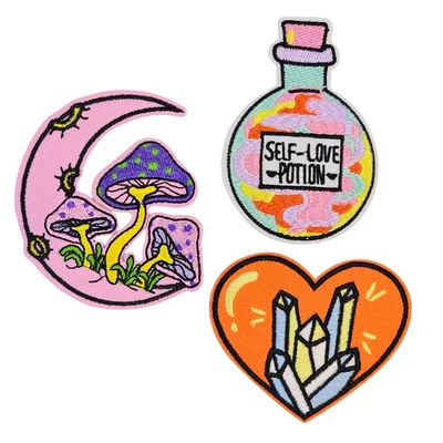 3 Piece Retro Iron-On Embroidered Patches, Moon Mushrooms, Crystal Heart, Potion - Image 1 of 3