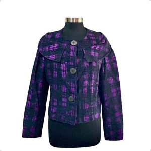 Samuel Dong Violet Shimmer Black Plaid Cropped Blazer Shawl Collar XL Designer - Picture 1 of 10