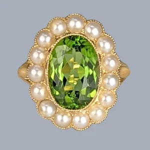 Antiguo anillo eduardiano de oro de 18 quilates con peridoto y racimo de perlas excelente estado UK M - Imagen 1 de 8