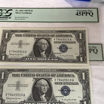 One Dollar 1957B Silver Certificates SEQUENTIAL SERIAL NUMBERS… 2 In Lot - Image 1 of 2
