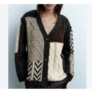 Zara Womens Patchwork Cardigan Cropped Chunky Small Brown Gray Sweater Boxy - Picture 1 of 8