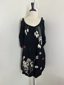 Yoana Baraschi Floral Embroidered 100% Silk 3/4 Sleeve Black Dress Size Medium - Picture 1 of 13