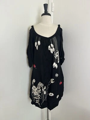 Vestido Yoana Baraschi Floral Bordado 100% Seda Manga 3/4 Negro Talla Mediana  Foto 1 de 4