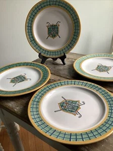 RARE Mesa International Crossed Golf Clubs Tartan Plaid Green Clay Dinner Plates - Picture 1 of 6