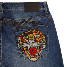 Ed Hardy Men 40x32 Slim Tapered Tiger Embroidered Bleach Splatter Blue Wash Jean
