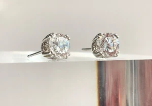 Double Prong Round Cut Cubic Zirconia Vintage Minimalist Solitaire Stud Earrings - Picture 1 of 7