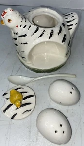 Vintage Japan verschachtelte Henne Zucker/Teekanne mit Ei Salz/Pfefferstreuer Deckel/Löffel gebraucht - Bild 1 von 7